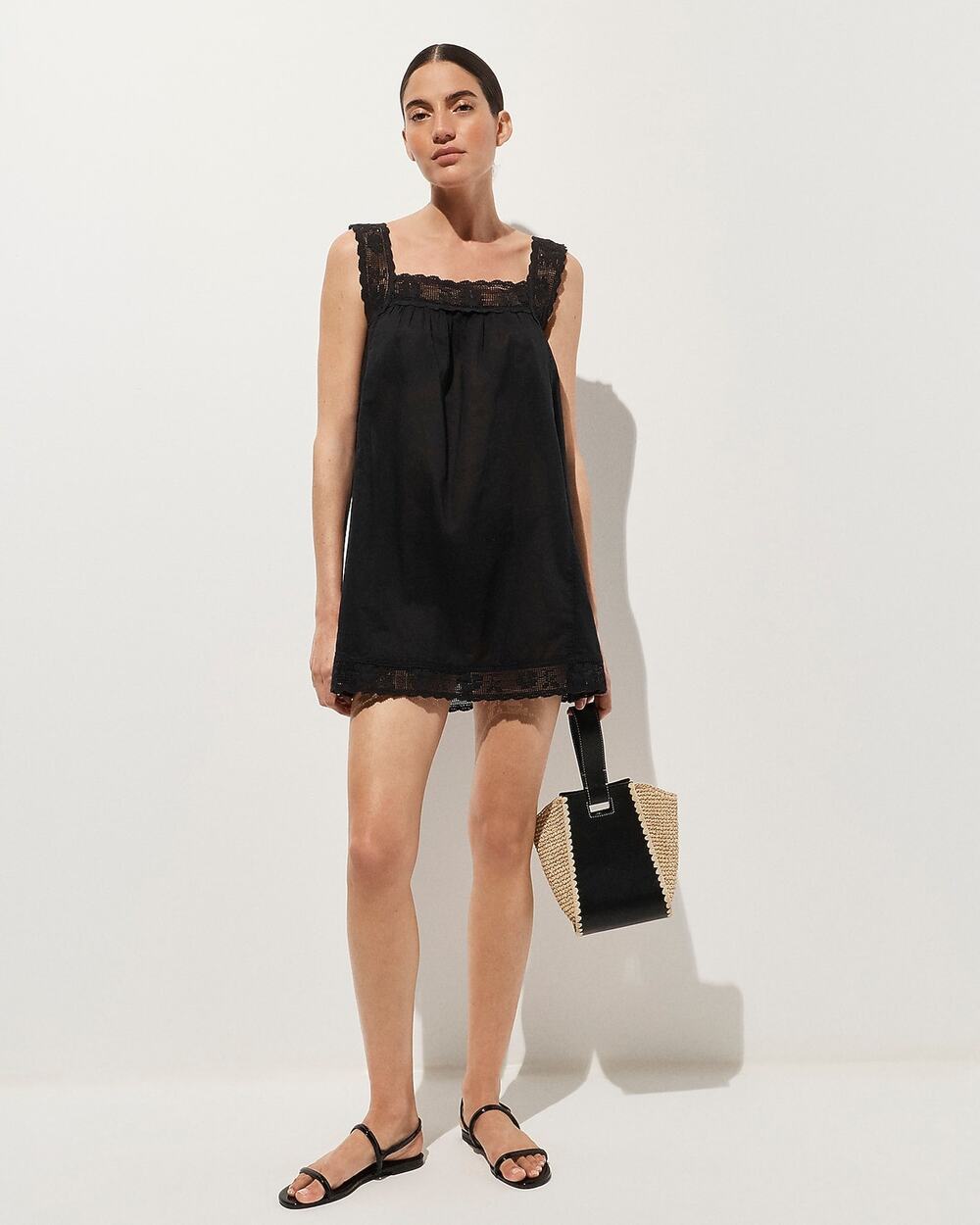 J.Crew Lace Trim Mini Beach Boho Casual Dress Black Organic Cotton Medium